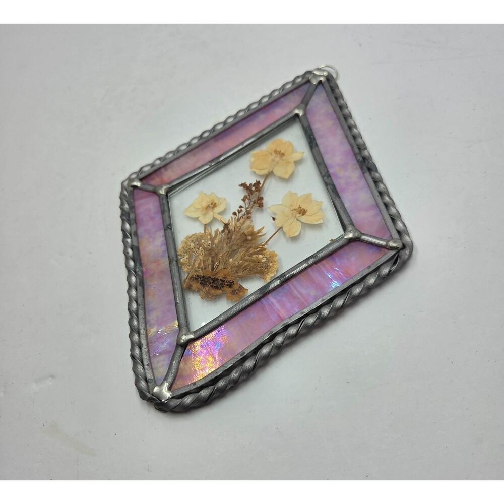 Lasting Impressions Pressed Flowers Stained Glass Suncatcher Pink Iridescent VTG